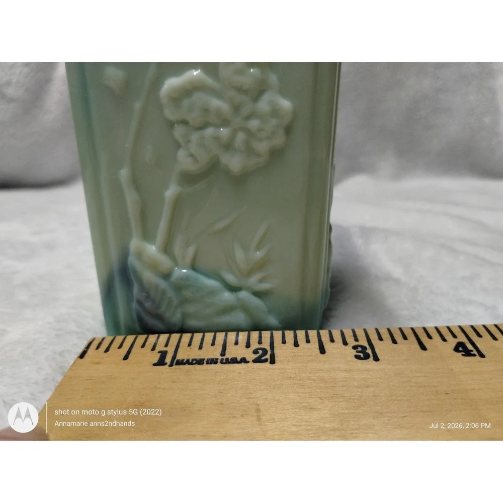Vintage‎ Blue Green Slag Glass Liquor Bottle Decanter Floral Embossed w/ Stopper